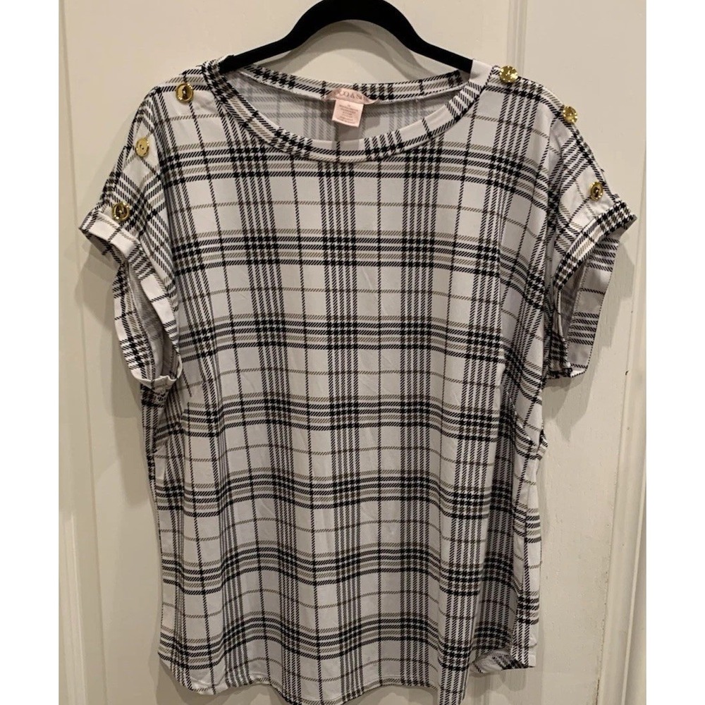 Coco & Shay Striped Short Sleeve Top Checkered Brown & Cream Gold Buttons Sz 1X